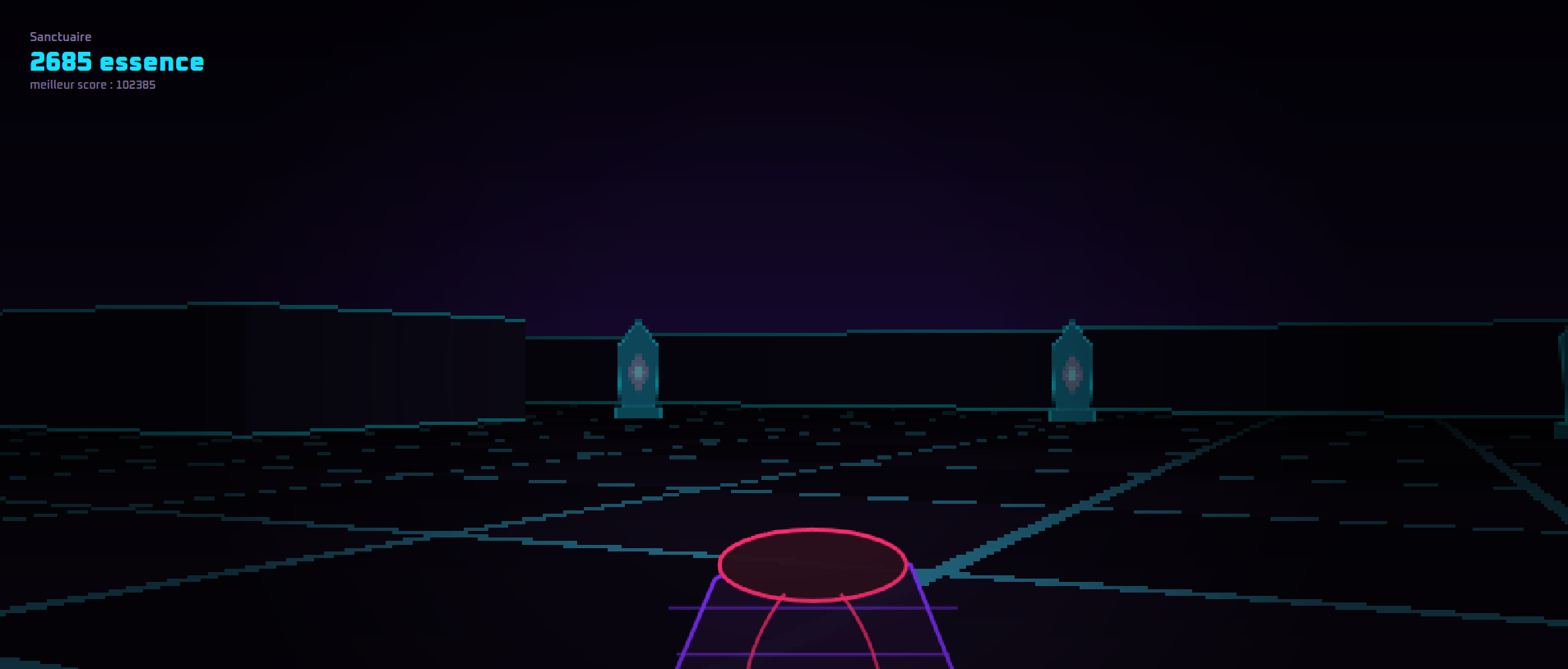 Le Sanctuaire dans ONI : une salle sombre bordée de bornes lumineuses cyan, avec le compteur d'essence et le meilleur score affichés en haut à gauche.